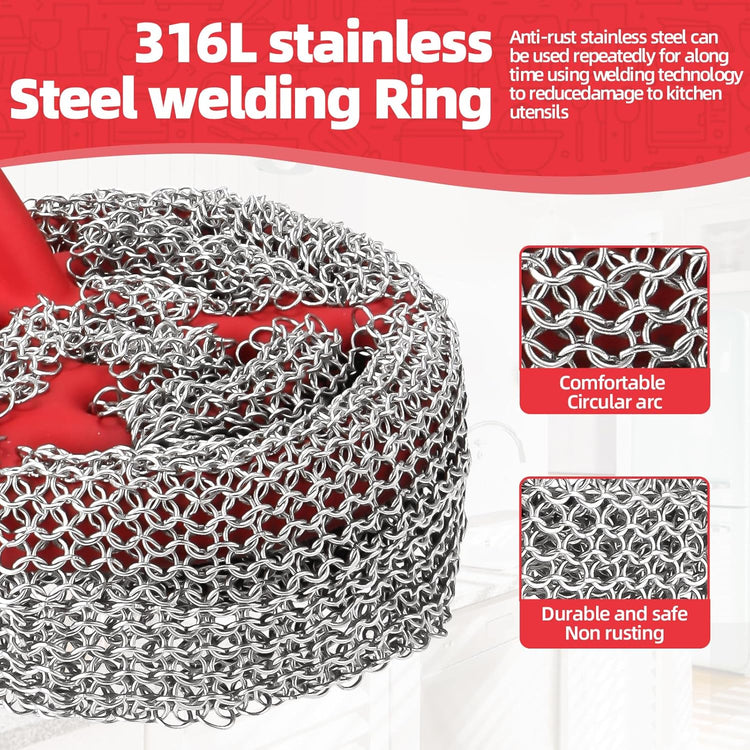 Cast Iron Chainmail Scrubber with Handle (ABS) - Cleaner for Pans and Pots - Premium Stainless Steel/Silicone Scraper for Skillets - Ergonomic Food-Safe Design - Easy to Clean Cookware Dish Brush