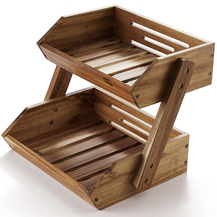 2 Tier Acacia Wood Fruit Stand for Kitchen Countertop Storage