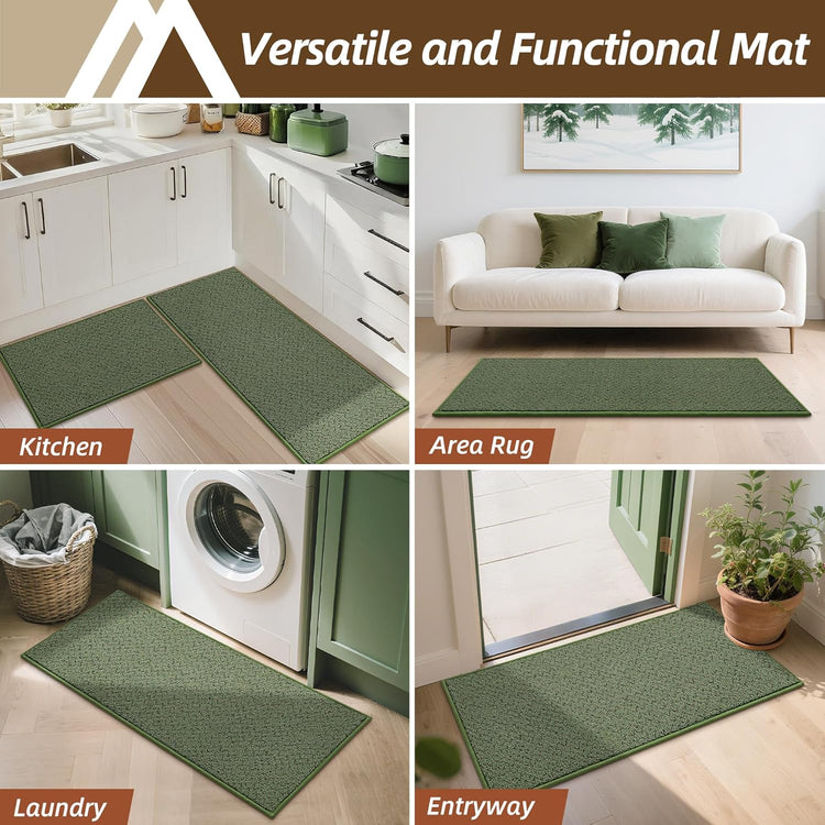 COSY HOMEER Kitchen Rugs and Mats 2PCS Non Slip Kitchen Mats for Floor Washable Stain Resistant Kitchen Runner Rug Sets Absorbent Kitchen Floor Mat 20"x32"+20"x48",Green