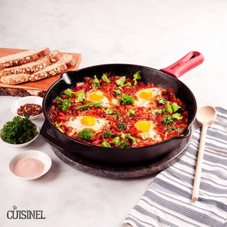 Cuisinel Cast Iron Skillet - 12"-Inch Frying Pan with Assist Handle + Red Silicone Grip Cover - Pre-Seasoned Oven Safe Cookware - Indoor/Outdoor Use - Grill, Stovetop, Induction, BBQ and Firepit Safe - Nestoria