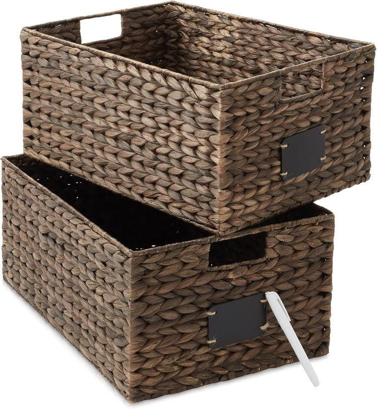 Casafield Set of 2 Water Hyacinth Pantry Baskets, 12-1/2" x 17" x 8", with Chalkboard Labels and Chalk Marker - Espresso, Woven Storage Bin Organizers for Kitchen Shelves
