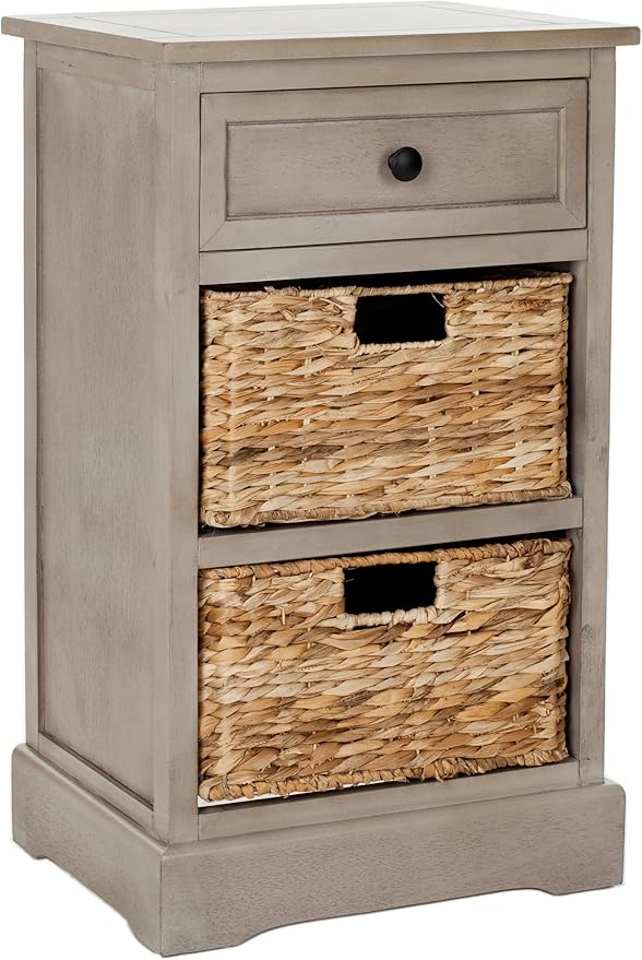 SAFAVIEH Home Collection Carrie Vintage Grey / Natural Wicker 3-Drawer Storage Nightstand Side Table (Fully Assembled)