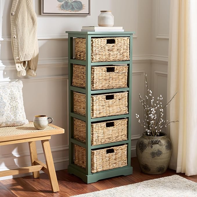 SAFAVIEH Home Collection – Vedette Dusty Green 5-Basket Storage Tower, Natural Rattan Accent Design, Fully Assembled (AMH5739J)