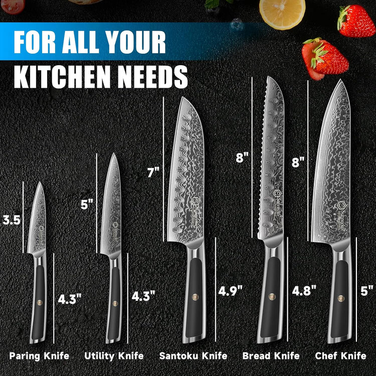 Sunnecko Damascus Kitchen Knife Set 5 Piece Chef Knife Set Professional, Sharp Kitchen Knives Set Full Tang, Gift Box