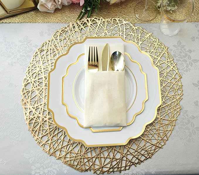 " OCCASIONS " 640 Piece set (80 Guests)-Heavyweight Wedding Party Disposable Plastic Plate Set - 80 x 10.5'' + 80 x 8'' + Silverware + Cups + Napkins (Imperial White & Gold)