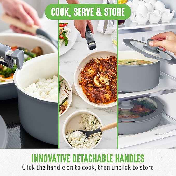 GreenLife 10 Piece Nonstick Pots & Pans Set, Detachable Handle & Stackable Cookware Set, Non Toxic PFAS-Free Skillets, Induction Kitchen Pans, Space Saving, Serving Bowls, Oven Safe, Graphite