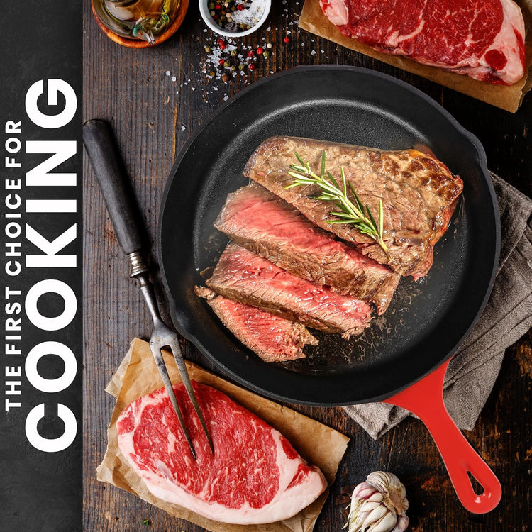 Utopia Kitchen Cast iron Skillets 3 Piece Set,Chefs Pan, Pre Seasoned Cast iron Skillets, 6, 8 & 10 Inches, Easy Use in the Oven, Stove, Grill, or Campfire, Red - Nestoria