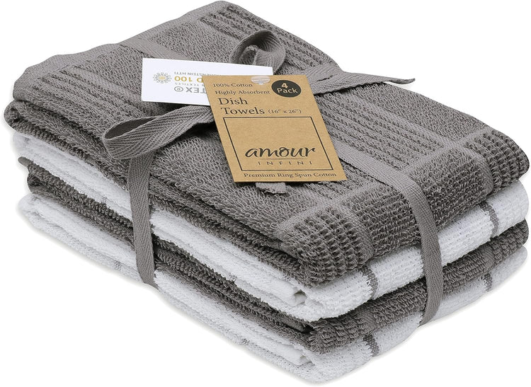 AMOUR INFINI Kitchen Towels Pack of 4 Absorbent, Quick Drying Premium Terry Cotton Dish Towel with Hanging Loop 16x28 Inch Hand & Tea Towels (L.Grey) - Nestoria