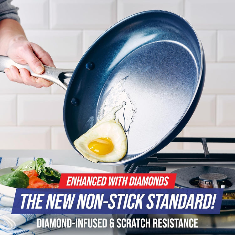 Blue Diamond 8" Nonstick Frying Pan Skillet, Diamond Infused PFAS & PTFE-Free Ceramic Pot, Dishwasher & Oven Safe, Stay Cool Handle, Durable Non Toxic Metal Utensil Safe, Egg & Omelet Pan, Blue