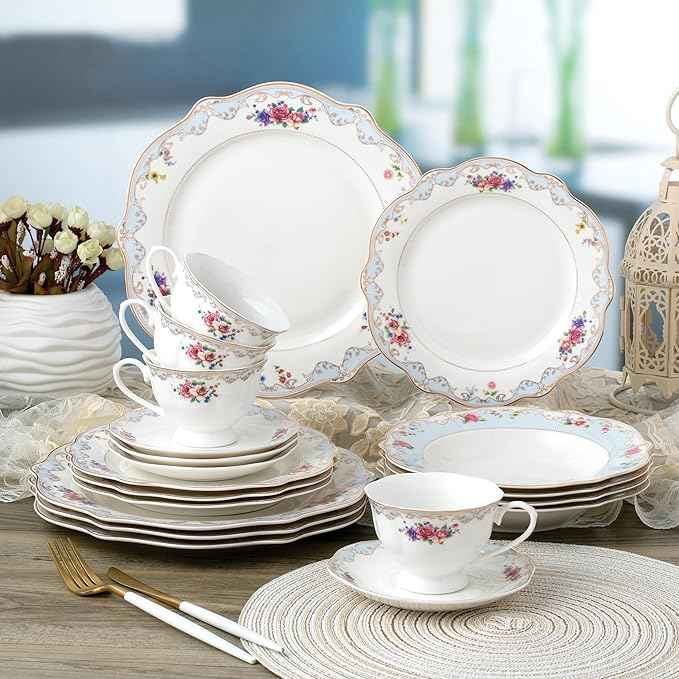 Joseph Sedgh Collection "Romantic Bloom" 20-Piece Bone China Dinnerware Set, Service for 4, Floral with Blue and Gold Trim