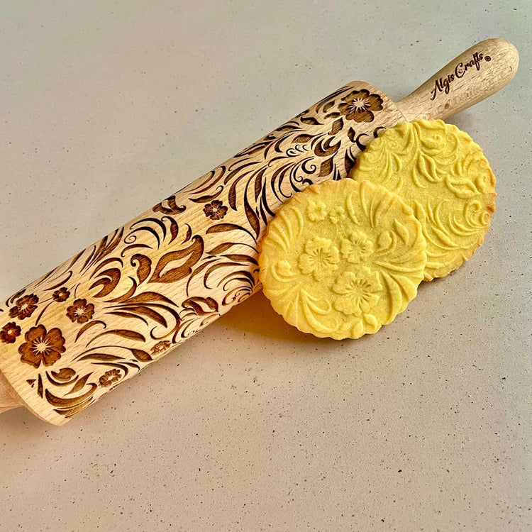 Embossing Rolling Pin VERONICA with Elegant Bloom Pattern – Dough and Clay Roller for Embossed Cookies and Pottery - Cookie and Ceramic Stamp - Baking Gifts for Women by Algis Crafts