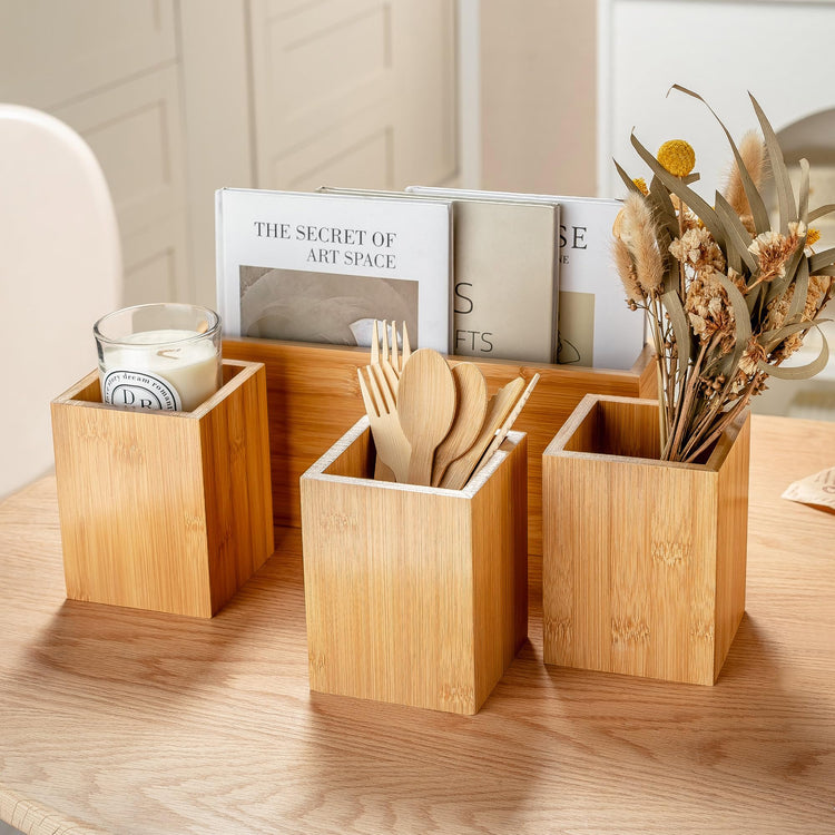 Silverware Caddy Wood Utensil Holder Paper Plate Dispenser Silverware Utensil Caddy Cutlery Flatware Organizer Box for Spoons Forks Plates Napkins
