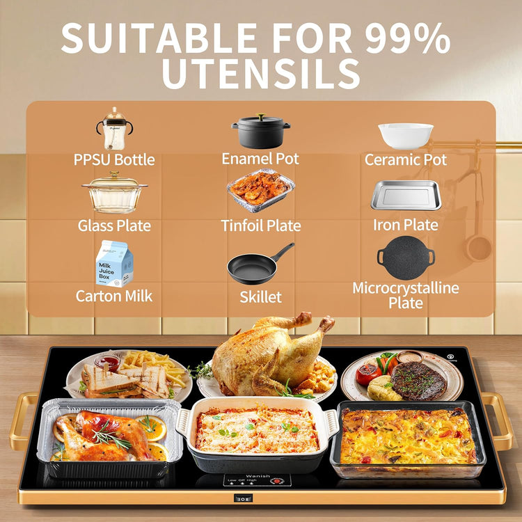 Electric Warming Tray (XXL 32”x18”),Food Warmers for Parties Buffet with Thermostat & Full Surface Heating, Tempered Glass Warming Mat for Food, Temperature Adjustable Gold Handles Food Warming Mat