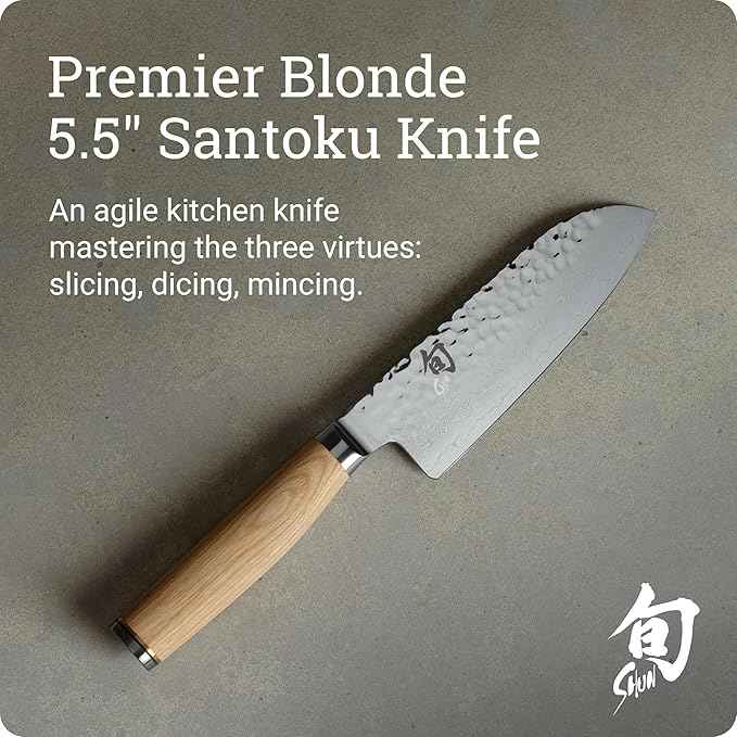 Shun Premier Blonde 5.5" Santoku Knife, Handcrafted and Hand-Sharpened Japanese All Purpose Knife, VG-MAX Core with Damascus Stainless Steel Cladding, Pakkawood Handle, Versatile Japanese Tool