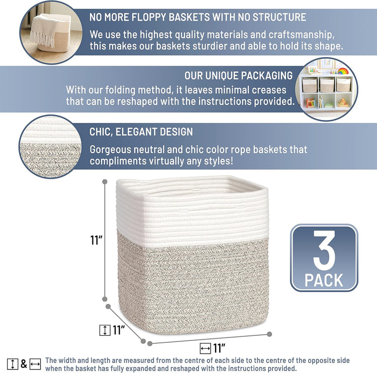 NaturalCozy Storage Cubes 11 Inch Cotton Rope Woven Baskets for Organizing, 3-Pack | Cube Bin Square Shelves Organizer, Classroom, Kids Toy Bins, Closet, Baby Nursery