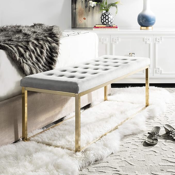 SAFAVIEH Home Collection – Reynolds Grey Tufted Upholstered Accent Bench, Modern Parsons-Style Open Frame Bench with Brass Legs for Bedroom, Entryway or Living Room (FOX6225F)