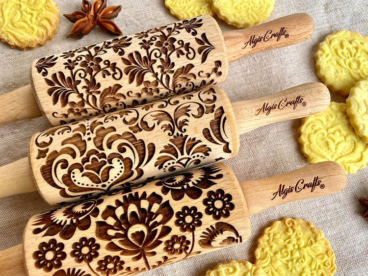 FLOWERS 3 Kid Rolling Pin Set with Damask, Folk and Floral Wreath Patterns. Wooden Laser Cut Mini Rolling Pins for Cookies, Play Dough, Salt Dough or Clay by Algis Crafts