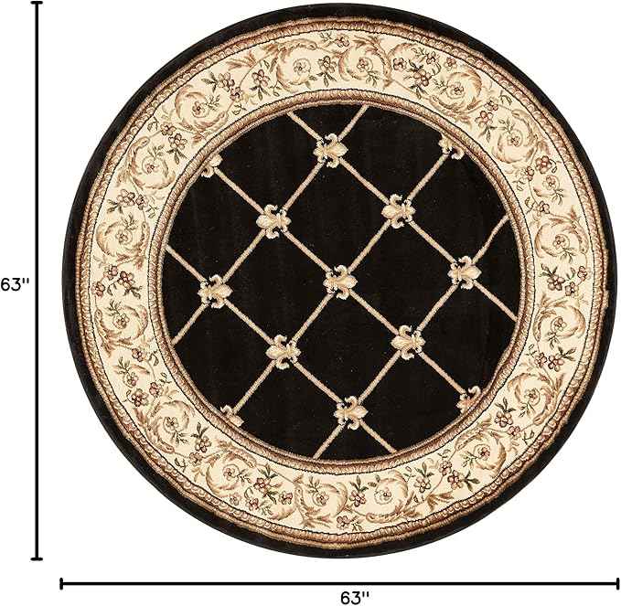 Well Woven Timeless Collection Fleur De Lis Black 5' Foot Round Luxurious Traditional French Aubusson Oriental Area Rug Perfect for Living Room Bedroom or Dining Room Easy-to-Clean Durable Design