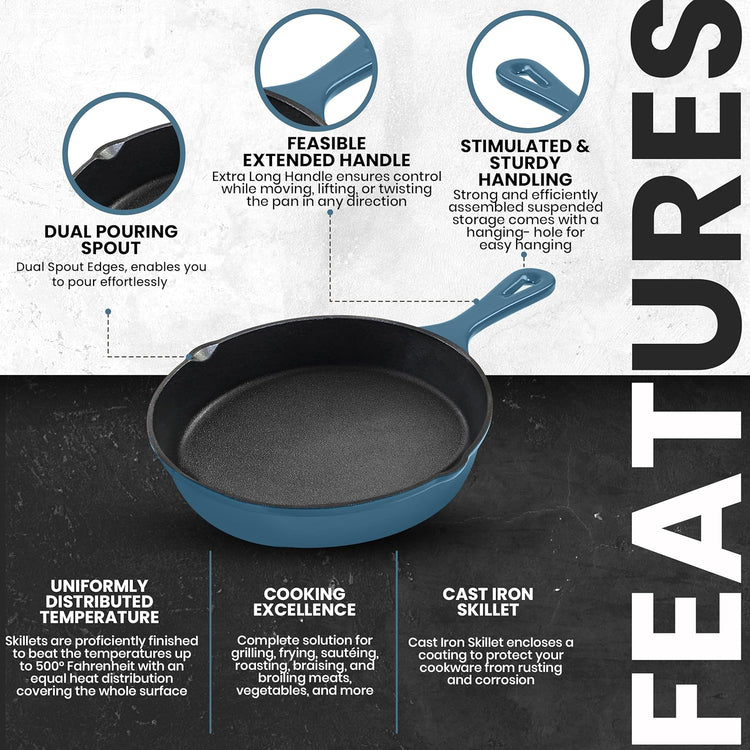Utopia Kitchen Cast Iron Frying Pan 6.5 Inch, Cast Iron Chefs Pan, Pre Seasoned Skillet, Safe Grill Cookware for Indoor & Outdoor Use, Teal - Nestoria