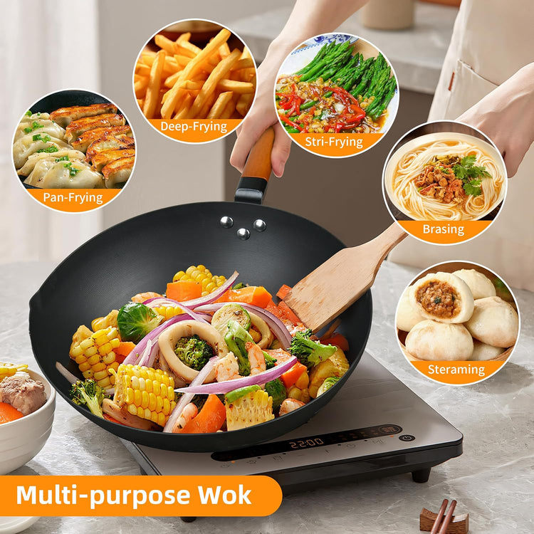 12.5-Inch Carbon Steel Wok with Lid – Pre-Seasoned Flat Bottom Stir-Fry Pan, Nonstick Wok for Induction, Gas, Electric & All Stovetops – Chinese Wok with Glass Lid