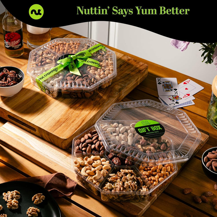 NUT CRAVINGS - Mixed Nuts Gift Basket in Green Gold Box (7 Assortments, 1 LB) Food Arrangement, Healthy Snack Care Package, Food Assortments