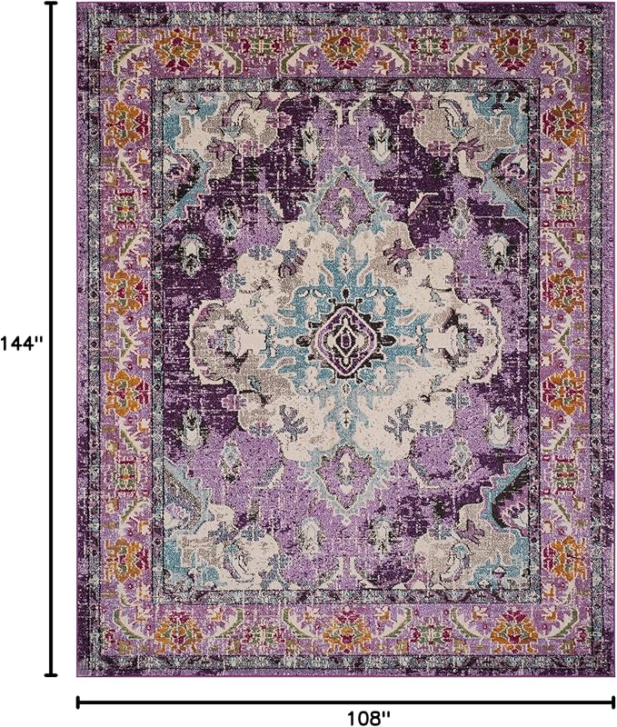 SAFAVIEH Monaco Collection Area Rug - 9' x 12', Violet & Light Blue, Non-Shedding & Easy to Clean, Distressed Medallion Design, Ideal for Living Room, Bedroom, Dining Space (MNC243L)