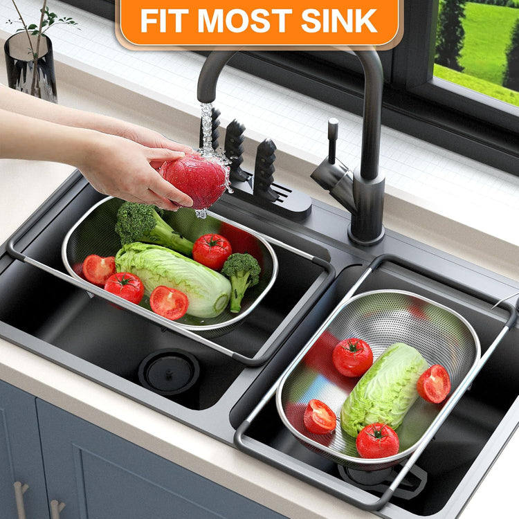 Over the Sink Colander - Strainers and Colanders - Sink Strainer Basket - Expandable Fine Mesh Strainer with Rubber Grip for Veggie, Fruits, Pasta, Home Kitchen Essentials (9.5W x 13.4-21.3L x 3.3H)