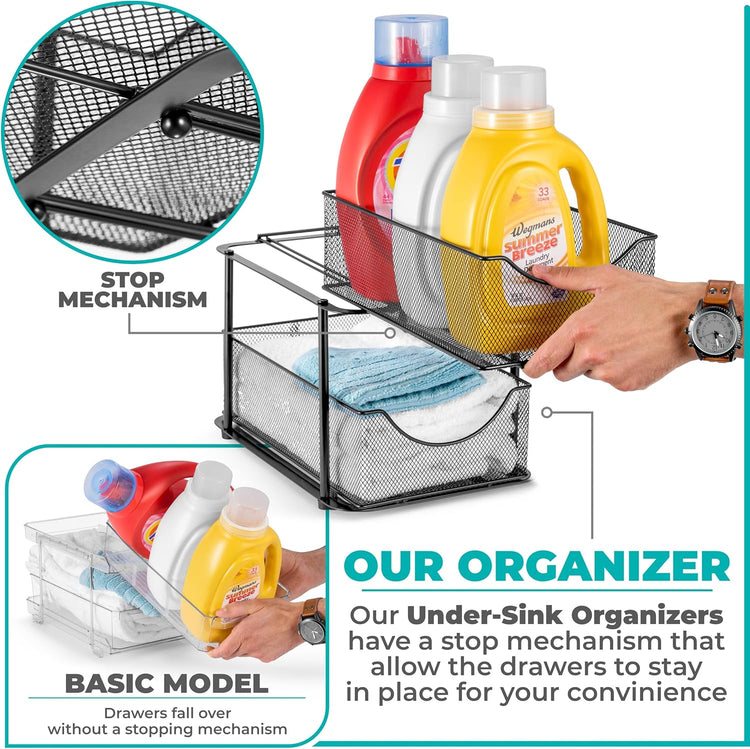 Sorbus 2 Sets of 2 Tier Metal Under Sink Organizer for Bathroom, Kitchen, Strong Steel Mesh Sliding Drawers for Under Sink, Under Cabinet, Closet, Kitchen, Pantry, Bathroom Organizers and Storage