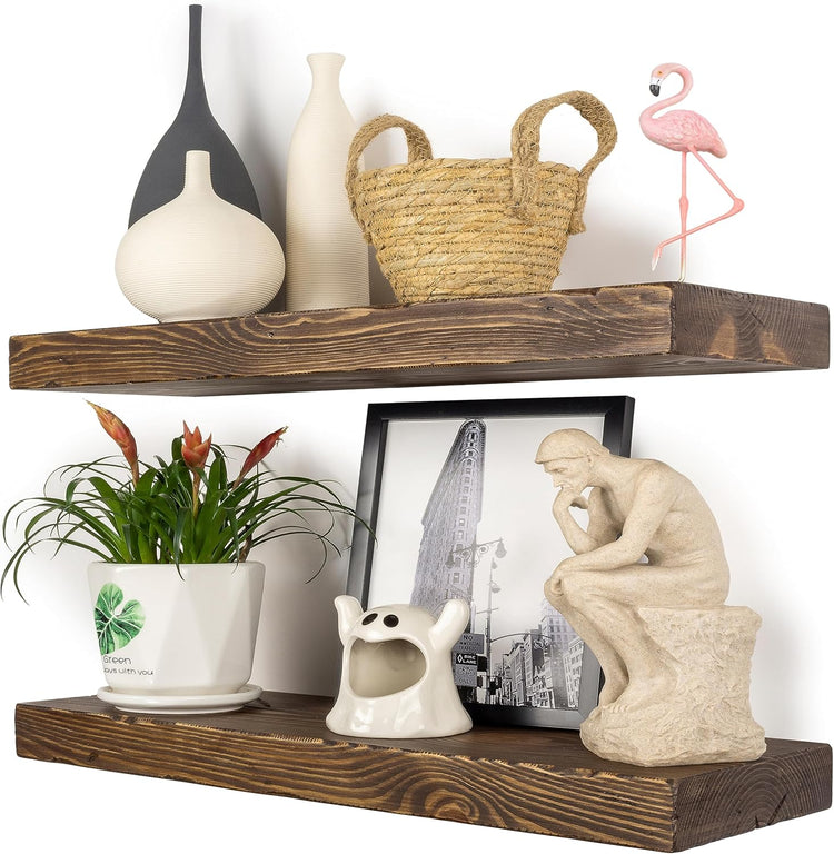 Distressed Floating Shelves 24 inch Long Set of 2,8 inch deep Solid Wood Wall Mounted Shelves for Living Room Kitchen,Book Shelf for Wall with Hidden Bracket- Distressed Black Walnut