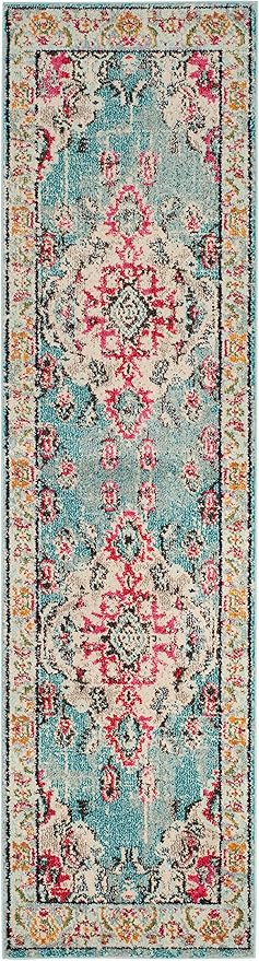SAFAVIEH Monaco Collection Runner Rug - 2'2" x 12', Light Blue & Fuchsia, Non-Shedding & Easy to Clean, Distressed Medallion Design, Ideal for Hallway, Foyer, Entryway, Kitchen, Bedroom (MNC243J)