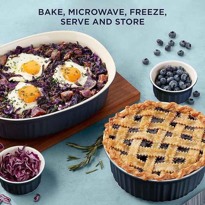 CorningWare Ceramic Bakeware Set with Lids, Chip and Crack Resistant Stoneware Baking Dish, Microwave, Dishwasher, Oven, Freezer and Fridge Safe, 12-Piece French Navy