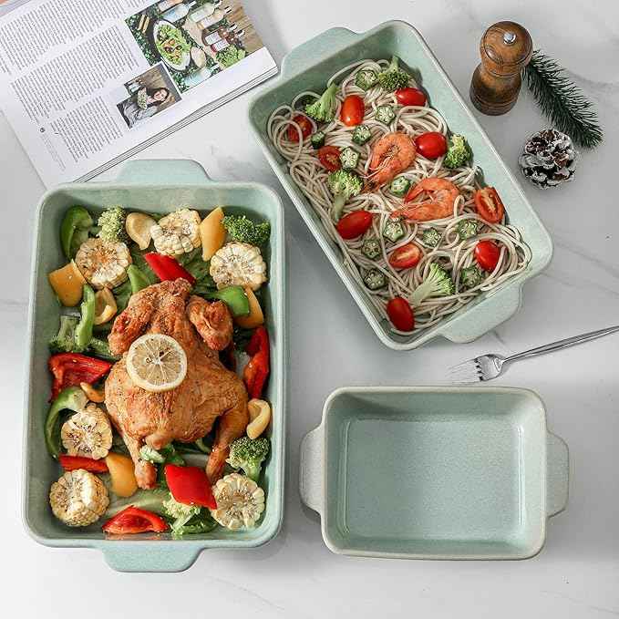 HVH 9x13 Baking Dish Set, Large Casserole Dishes for Oven, Ceramic Bakeware Set of 3, Rectangular Lasagne Pan Deep for Baking (Turquoise)
