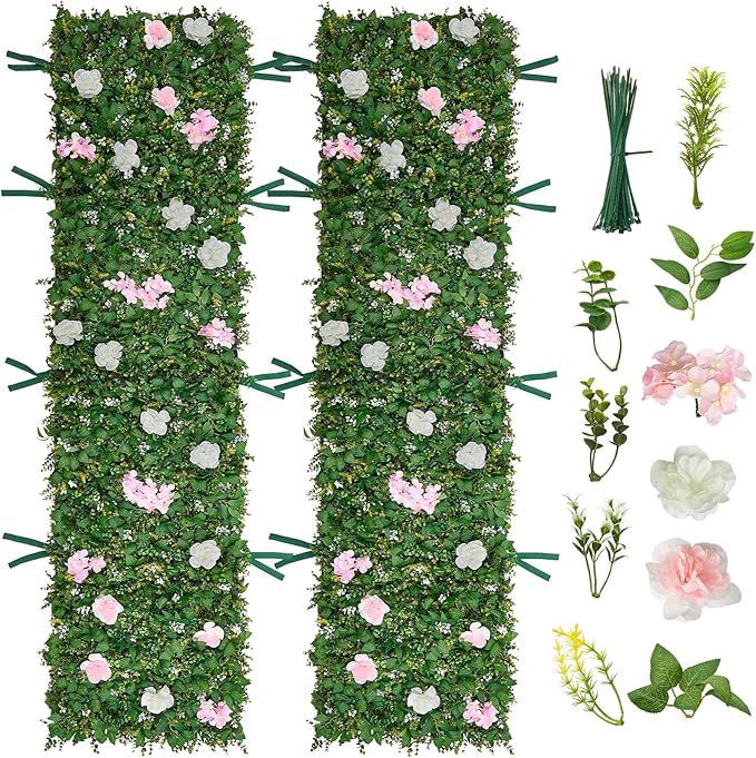 VEVOR Artificial Luxury Flower Wall Backdrop, 2 PCS, Each Panel 2 x 8 ft, Gorgeous 3D Silk Floral Backdrop Pet Friendly, Easy Installation Flower Wall Panel for Wedding, Event, Party,Mixed Leaf