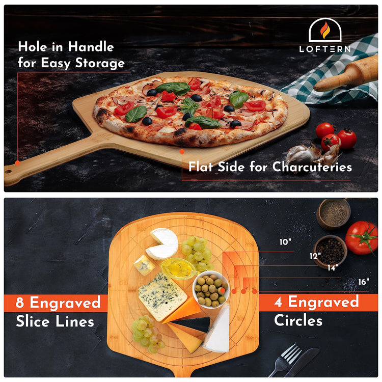 Wooden Pizza Peel 16 Inch Board with Engraved Sizes