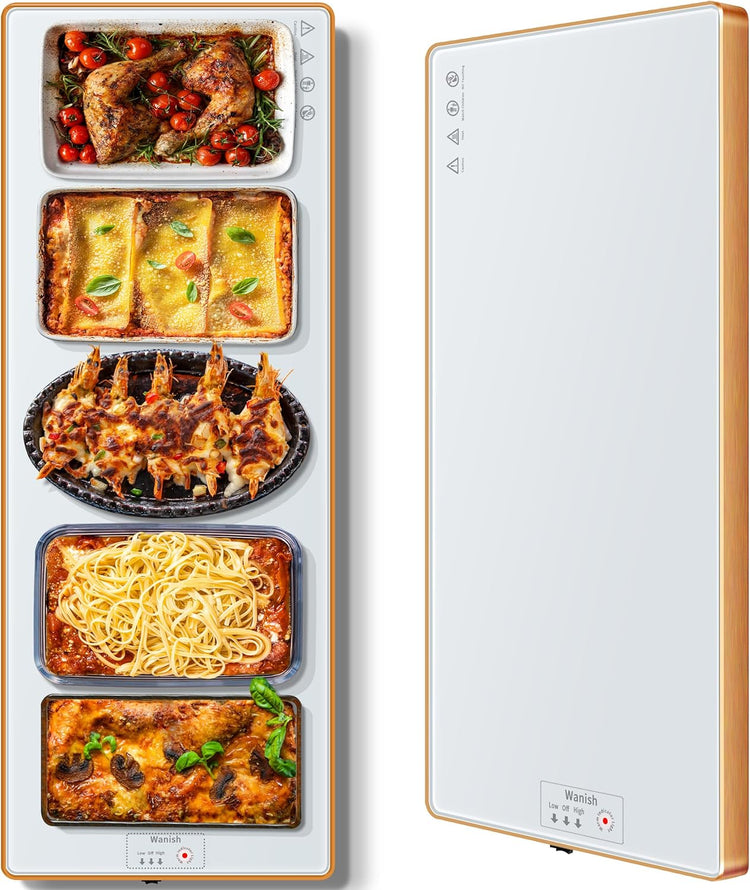 Electric Warming Tray (Extra Long 40"x12"),Food Warmers for Parties Buffet with Thermostat & Full Surface Heating, Tempered Glass Warming Mat for Food, Temperature Adjustable Food Warming Mat, White