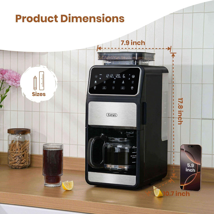 Gevi 10-Cup Grind & Brew Coffee Maker with Built-in Burr Grinder – Programmable Touch Screen, 4-Hour Keep Warm, Permanent Filter, Drip Coffee Machine for Home & Office