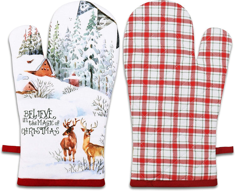 AMOUR INFINI Pot Holders and Oven Mitts 100% Cotton Christmas Winter Heat Resistant Non Slip Washable Set of 1 Oven Mitt and 1 Pot Holder Kitchen Gift Set