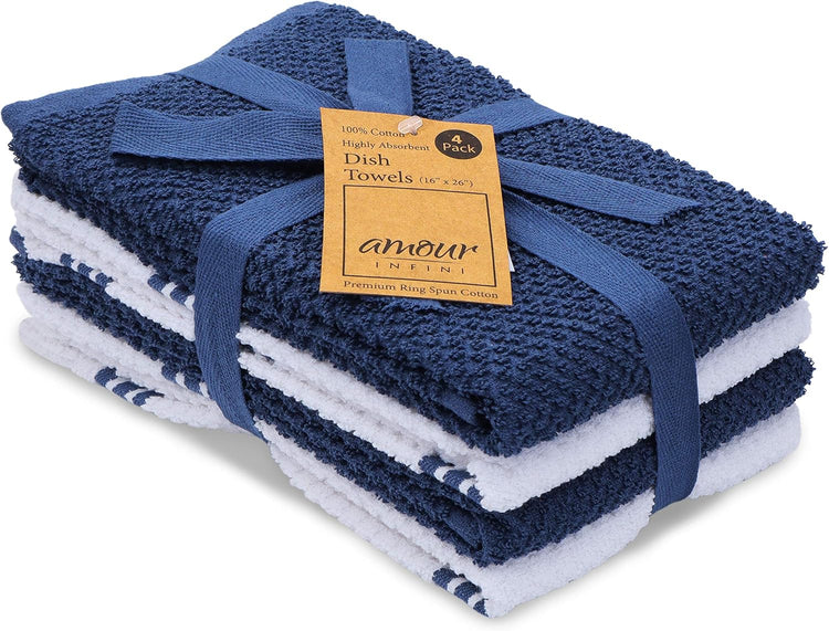 AMOUR INFINI Kitchen Towels Pack of 4 - Absorbent, Quick Drying Premium Cotton Tea Towel - Kitchen Linens 16x28 Inch Dish Towels with Hanging Loop (Blue) - Nestoria
