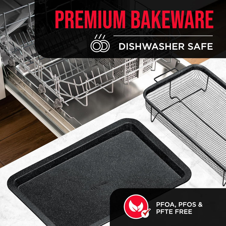 Bakken Swiss Crisper Tray - 2-Piece Set – Gray Marble, Non-Stick Basket Design for Healthier Cooking in Regular Ovens - Achieve Perfectly Crispy Chips, Bacon and More