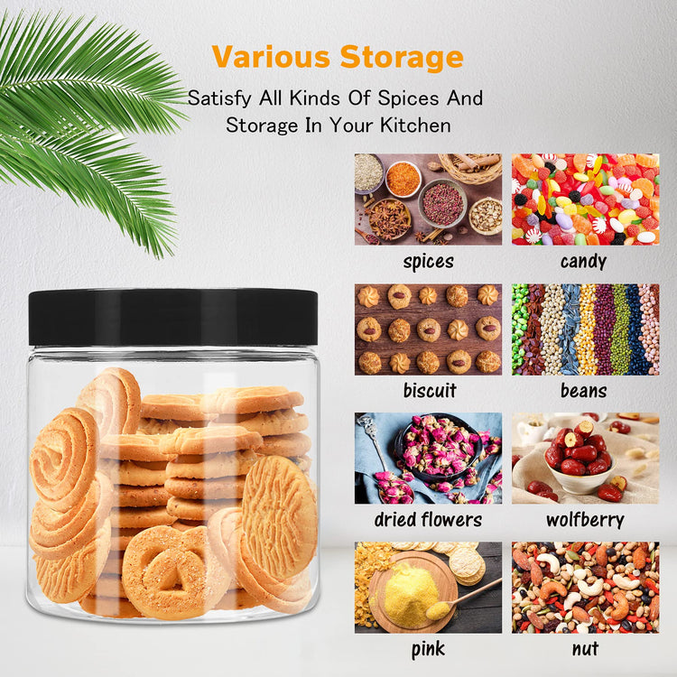 Plastic Jars with Lids 8 oz & 14 oz 24Pcs Clear Plastic Slime Storage Jars Containers with Airtight Leak Proof Black Screw On Lids Cylinder Clear Round Jar Food Grade Durable Jar (24 Count)