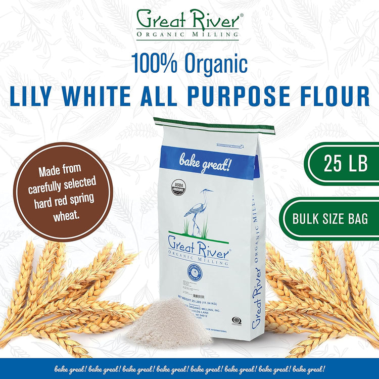 Great River Organic Milling Lily White Organic All-Purpose Flour | Unbleached & Unbromated | Non-GMO, Kosher | Ideal for Bread, Cookies, Cakes, Pizza Dough & Everyday Baking | 25 Lb - Nestoria