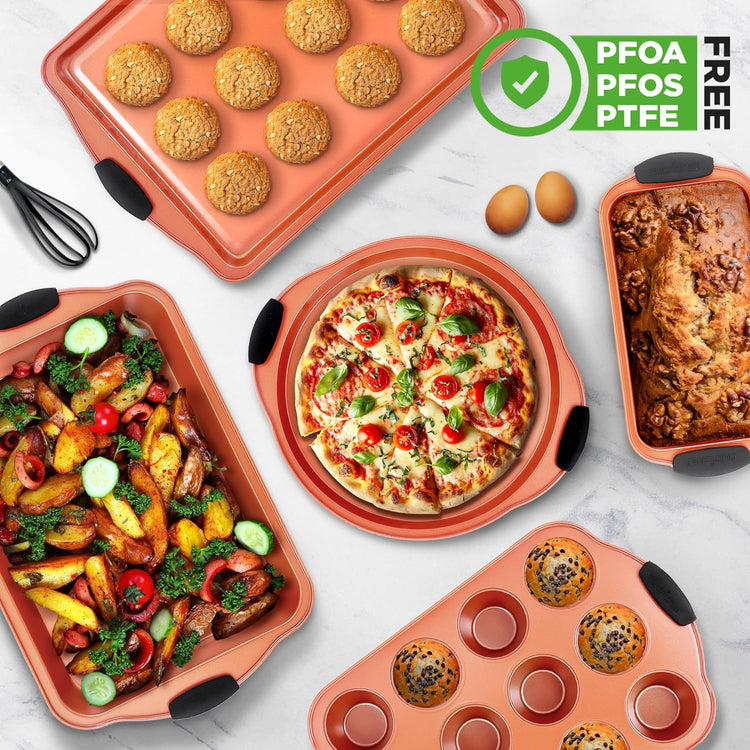 NutriChef 10-Piece Nonstick Baking Pan Set – Durable Carbon Steel Bakeware with Silicone Handles – Bakeware set Includes Cookie Sheet, Muffin, Cake, Pizza & Roasting Pans – Even Heating, Easy Cleanup