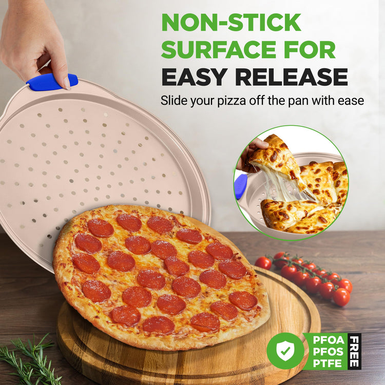 13-Inch Non-Stick Pizza Tray - with Silicone Handle, Round Steel Non-stick Pan with Perforated Holes, Premium Bakeware, Pizza Tray with Extended Handles, Dishwasher Safe - Champagne Gold