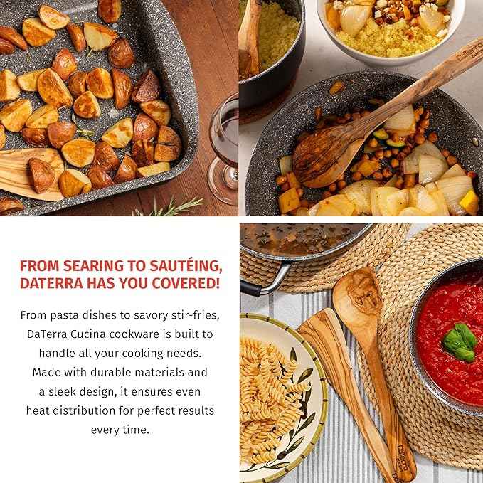 DaTerra Cucina Nonstick Italian Bundle – Roasting & Lasagna Pan, 11" Frying Pan with Lid, 5-Piece Olive Wood Cooking Utensils Set – Oven Safe, PTFE & PFOA Free - Made in Italy, Ceramic