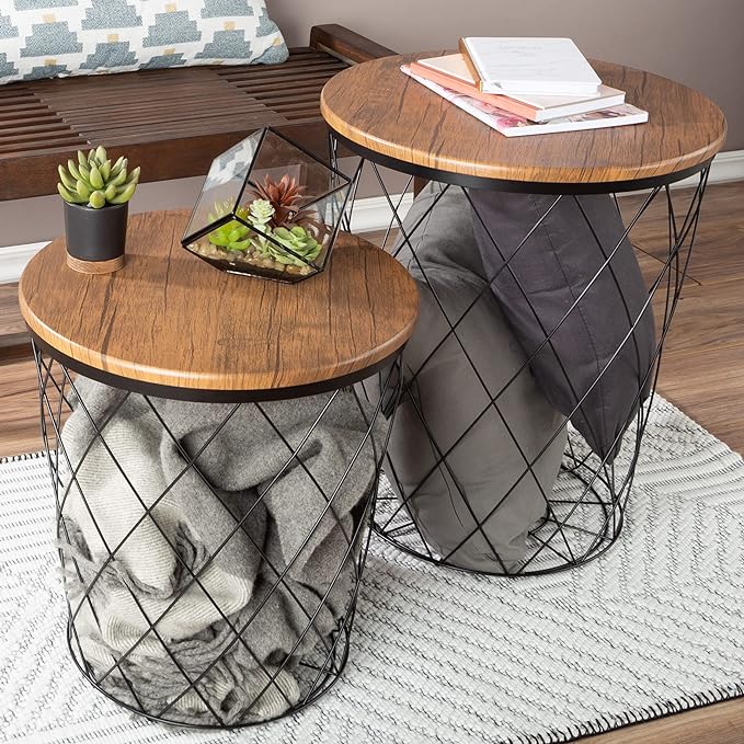 End Tables Set of 2 - Nesting Tables with Removable Wood Tops and Metal Basket Bases for Blanket Storage - Round Side Furniture for Living Room, Bedroom, or Home Office by Lavish Home (Brown)