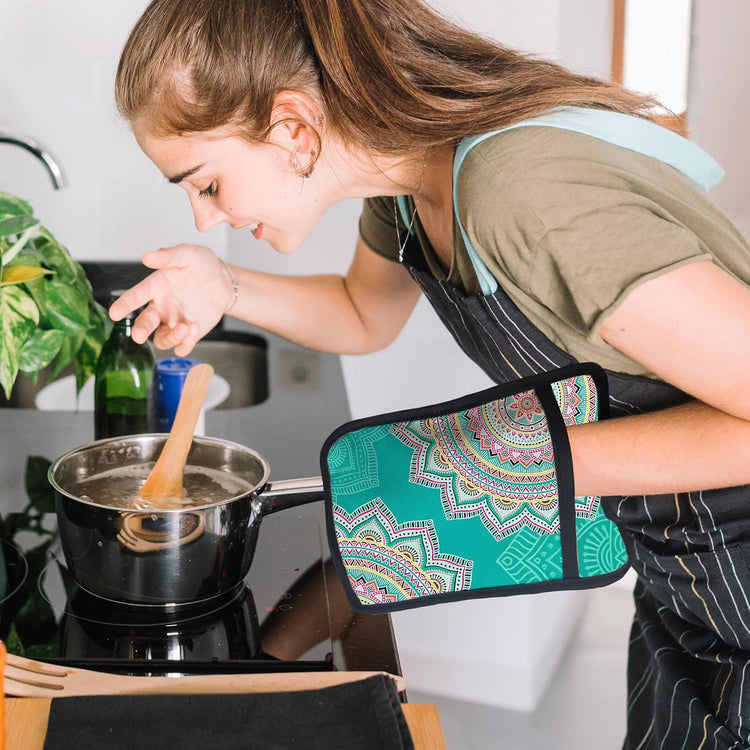 Turquoise Abstract Mandala Floral Pot Holders for Kitchen, Boho Colorful Ethnic Flower Botanical Heat Resistant Hot Pads and Oven Mitts for Baking Cooking,379 potholder