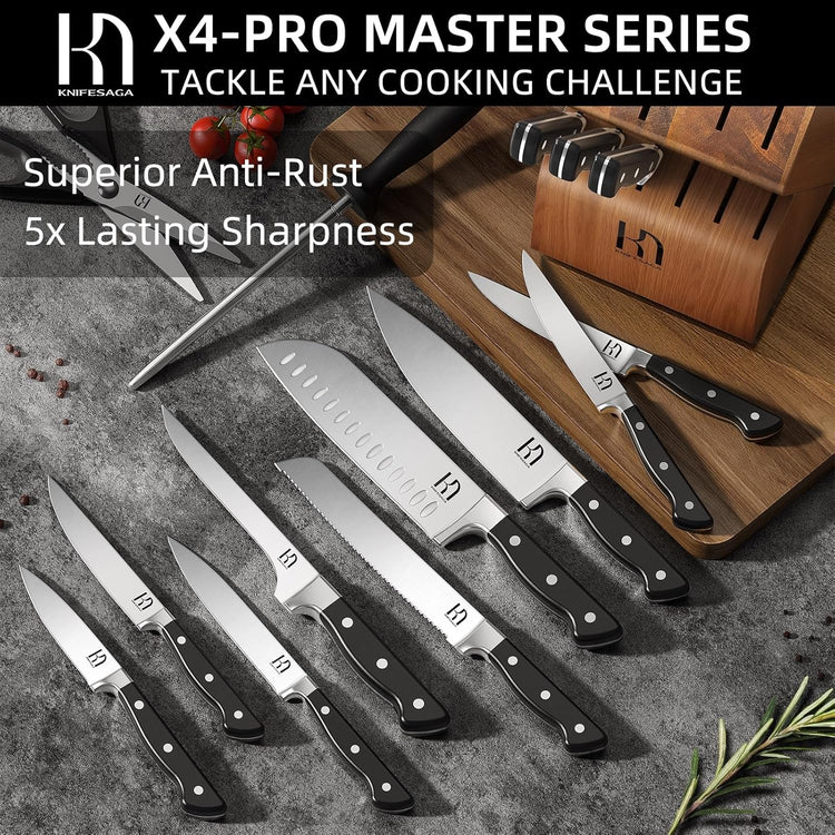 Knife Set, 15 Pcs Kitchen Knife Block Set, Enduring Razor-Sharp Japanese High Carbon Stainless Steel Chef Knife Set with Block and Sharpener, Premium Knives Set for Kitchen, Black Acacia