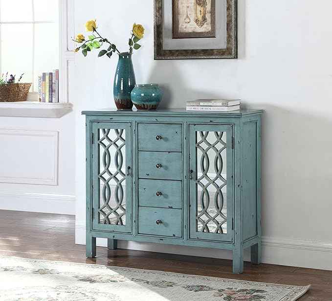 Coaster Home Furnishings - Rue - 4-Drawer Wood Accent Cabinet with Farmhouse Style, Trellis Pattern, Doors & Shelves - Living Room, Entryway & Home Kitchen - Blue - 950736
