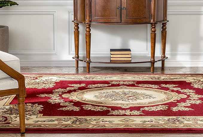 Well Woven Timeless Collection Le Petit Palais Red 11x15 Luxurious Traditional French Aubusson Medallion Oriental Area Rug Perfect for Living Room Bedroom or Dining Room Easy-to-Clean Durable Design