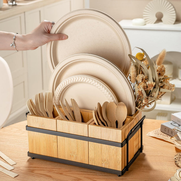 Silverware Caddy Wood Utensil Holder Paper Plate Dispenser Silverware Utensil Caddy Cutlery Flatware Organizer Box for Spoons Forks Plates Napkins